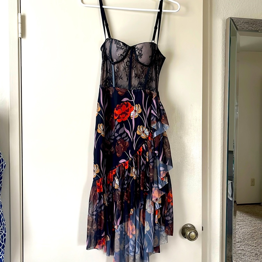 Flowy Ruffle High Low Lace Panel Sleeveless Corset Dress